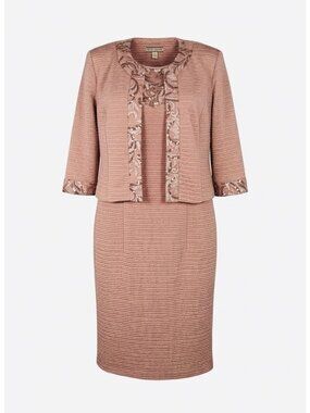 Maya Brooke Two Piece Dress Suit Size 14 Rose Gold Textured Sheath Sequins Lace